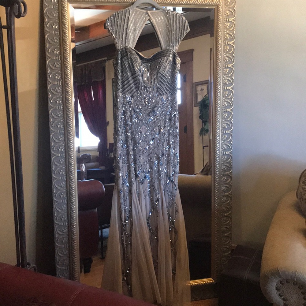 Silver/ Tan Sequence Adrianna Papell gown Size 10